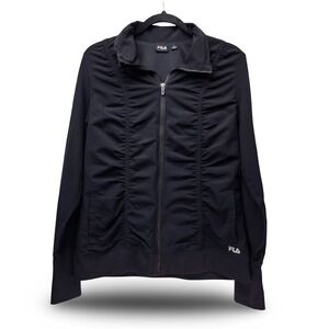 Fila Sport Track Jacket Womens Large Black Ruched Front Zip Up Excellent